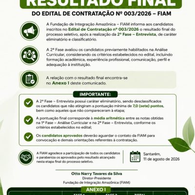 COMUNICADO OFICIAL: RESULTADO FINAL DO EDITAL DE CONTRATAÇÃO Nº 003/2026